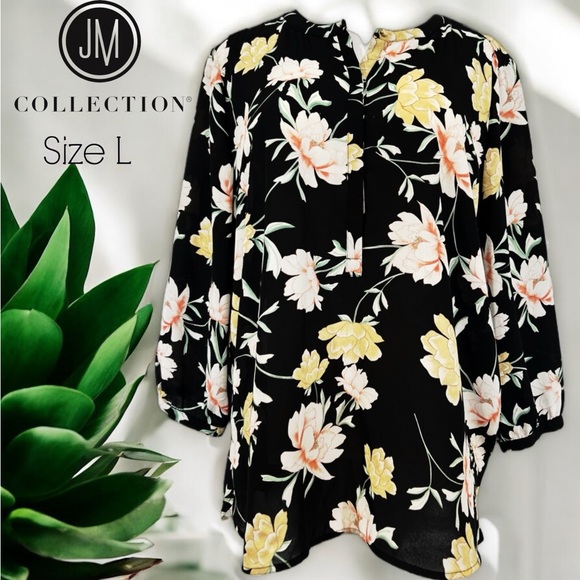 JM Collection Lotus Flower Floral Pleated Tunic Blouse Crepe Polyester Top - Picture 16 of 16